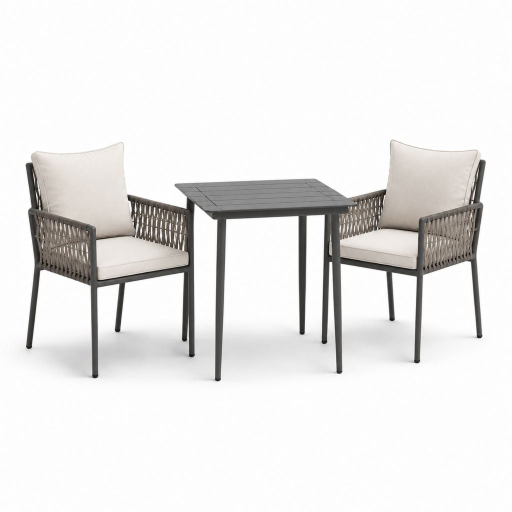 Set tavolo da giardino con 2 sedie grigio antracite e beige in acciaio e corda PE tavolo 70 x 70 x 75 cm