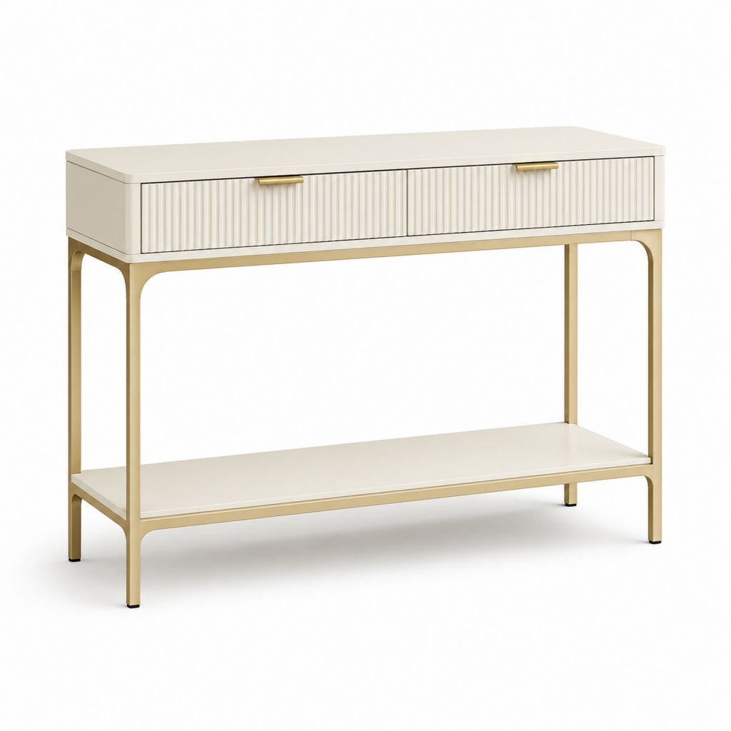 Consolle da ingresso rettangolare con 2 cassetti bianco avorio e oro in MDF e acciaio 120 x 35 x 80 cm