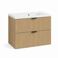 Mobile sottolavabo sospeso con lavabo in ceramica bianco rovere scanalato 80 x 46 x 80 cm