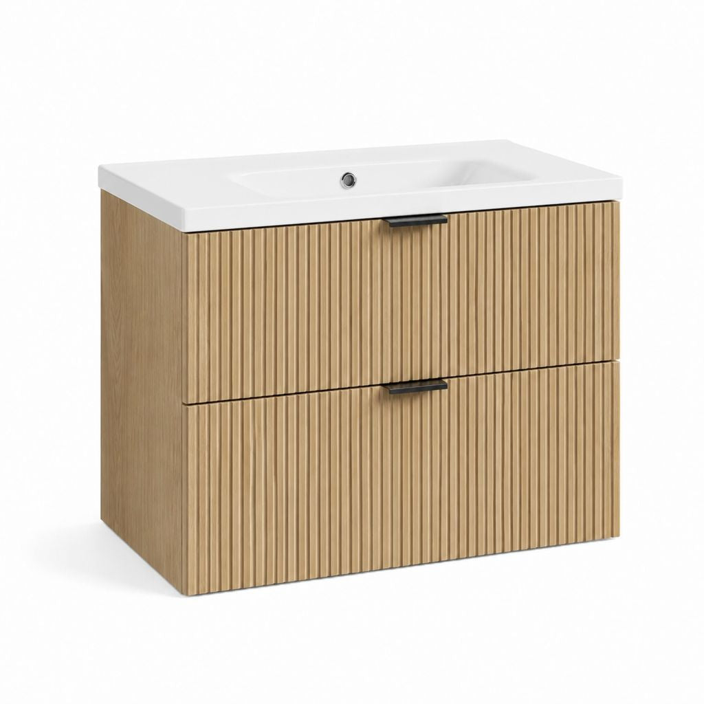 Mobile sottolavabo sospeso con lavabo in ceramica bianco rovere scanalato 80 x 46 x 80 cm