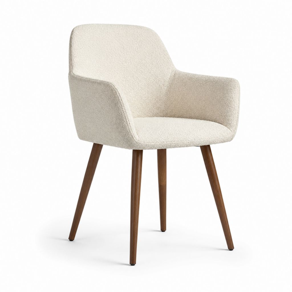 Sedia da pranzo con braccioli beige in poliestere bouclé e gambe in legno massello 57 x 59 x 82 cm