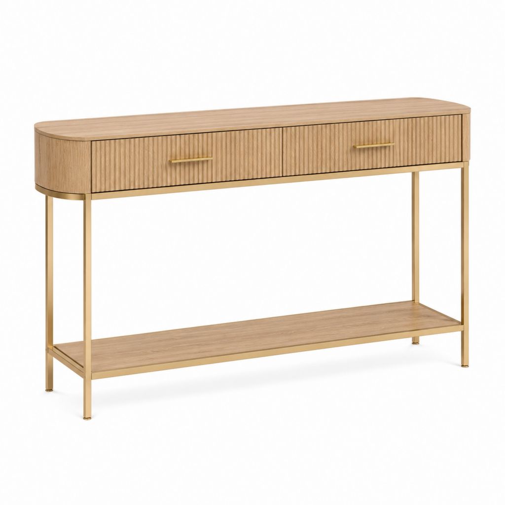 Consolle da ingresso con 2 cassetti rovere e acciaio inox dorato 120 x 40 x 80 cm