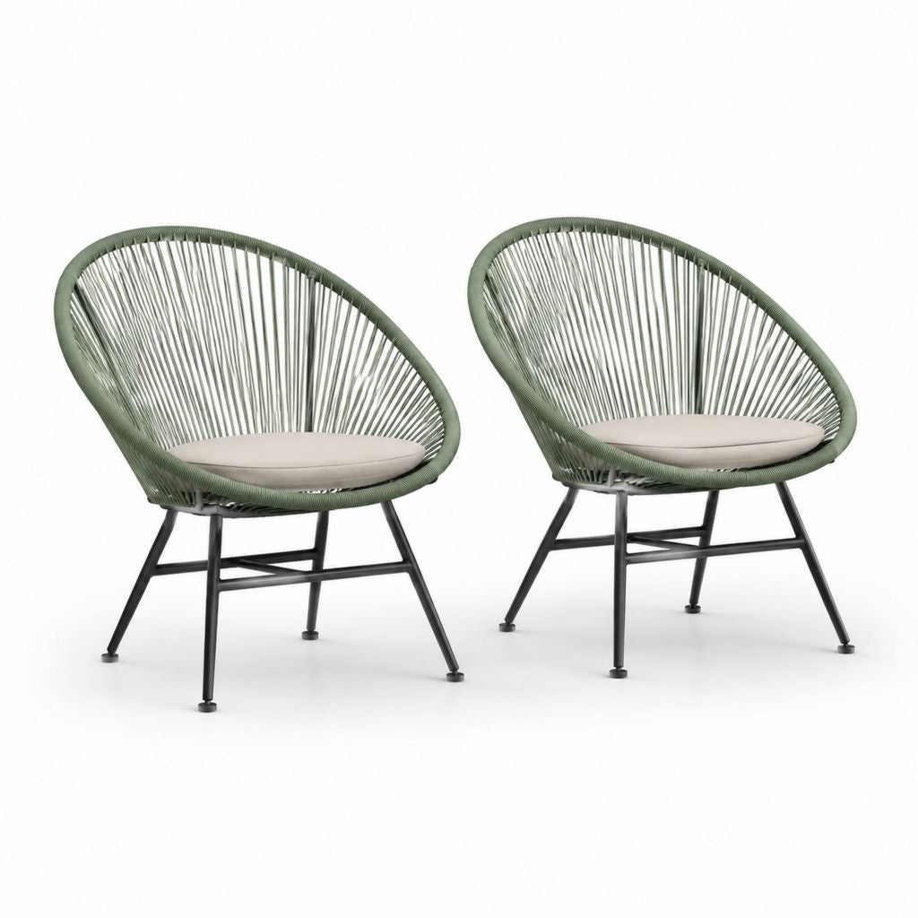 Set 2 sedie da giardino Acapulco ovali verdi in corda PE e acciaio 73 x 83 x 88 cm