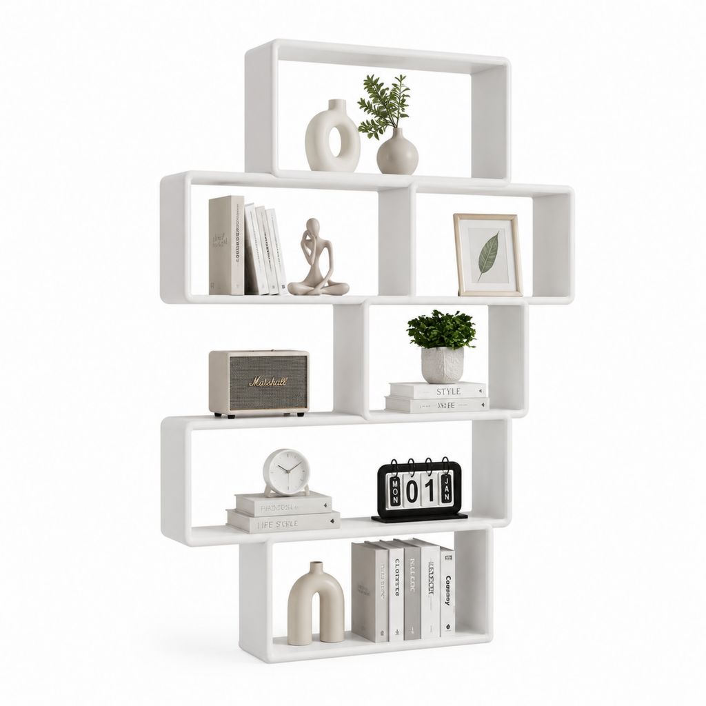 Libreria a giorno bianca in MDF laccato con ripiani sfalsati 100 x 24 x 180 cm