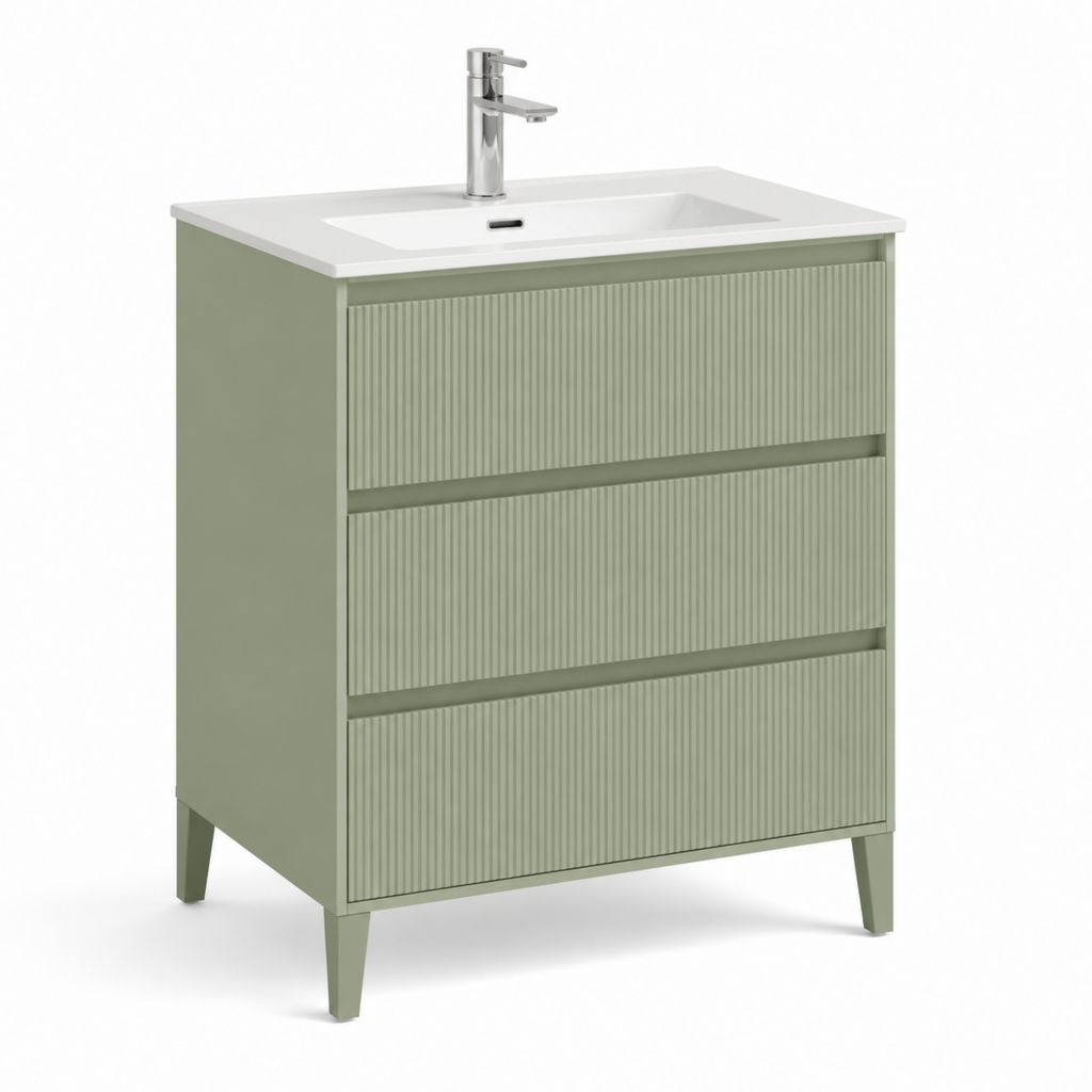 Mobile bagno con lavabo rettangolare verde salvia in MDF e ceramica 80 x 46 x 85 cm a tre cassetti
