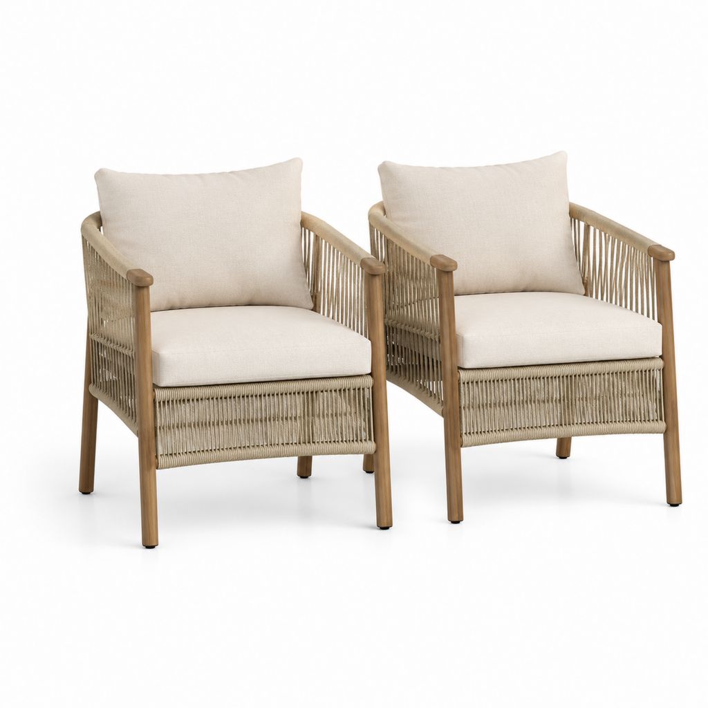 Set 2 poltrone da giardino beige in acacia massello e corda in polipropilene 65 x 70 x 75 cm