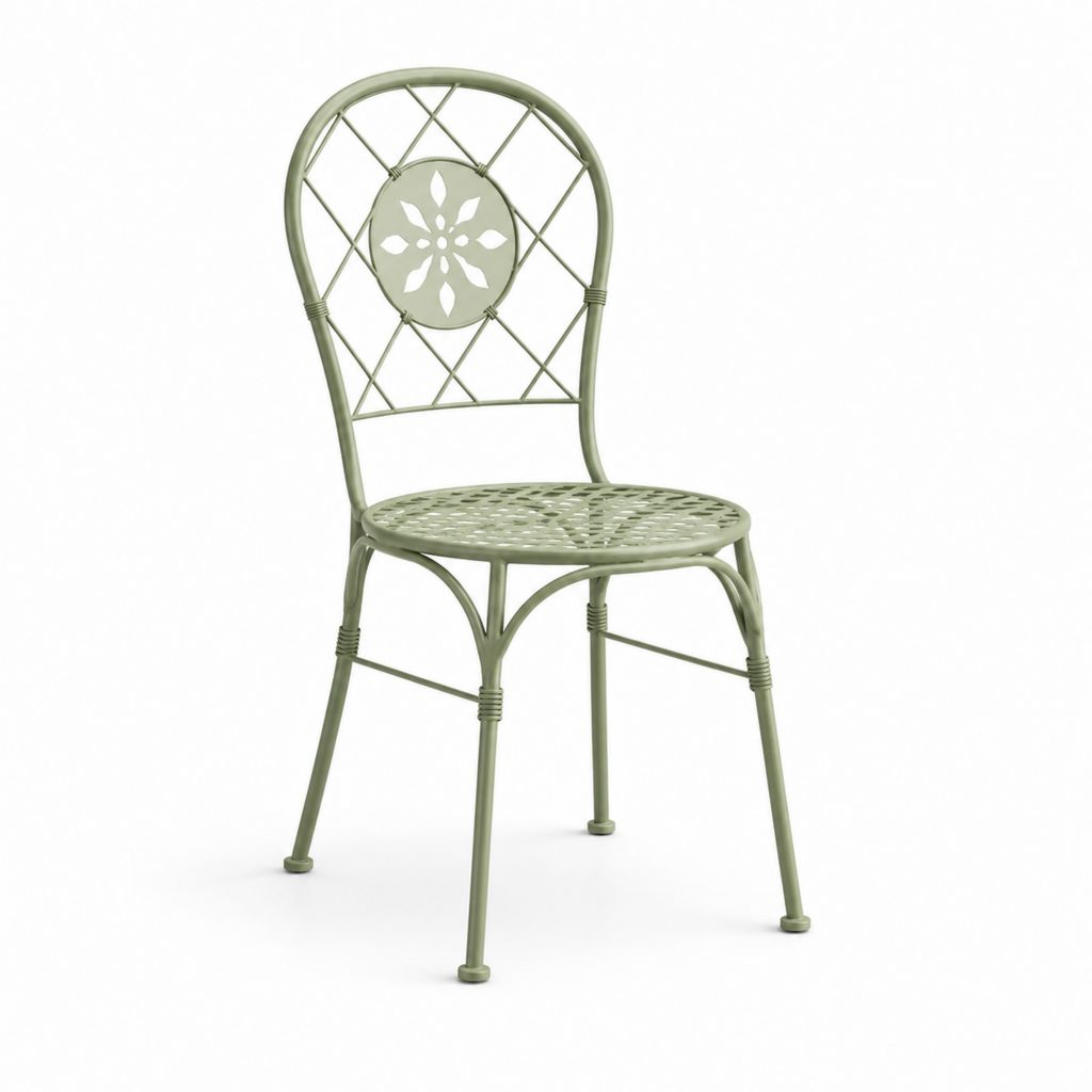 Sedia da giardino verde in acciaio con schienale rotondo traforato 43 x 50 x 90 cm